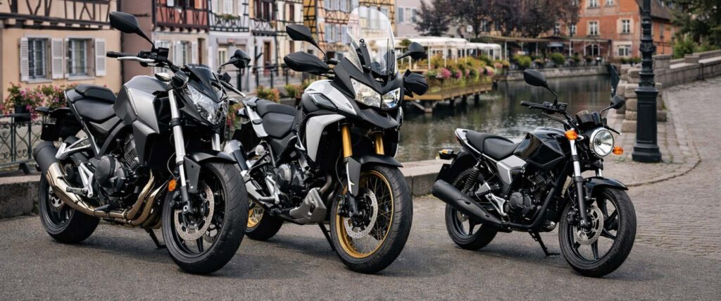 Motos d'occasion en rue pavée à Colmar