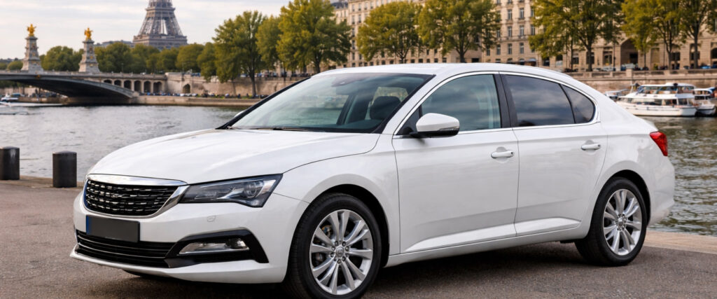 Voiture d’occasion en berline blanche à Paris, annonce auto locale au bord de la Seine