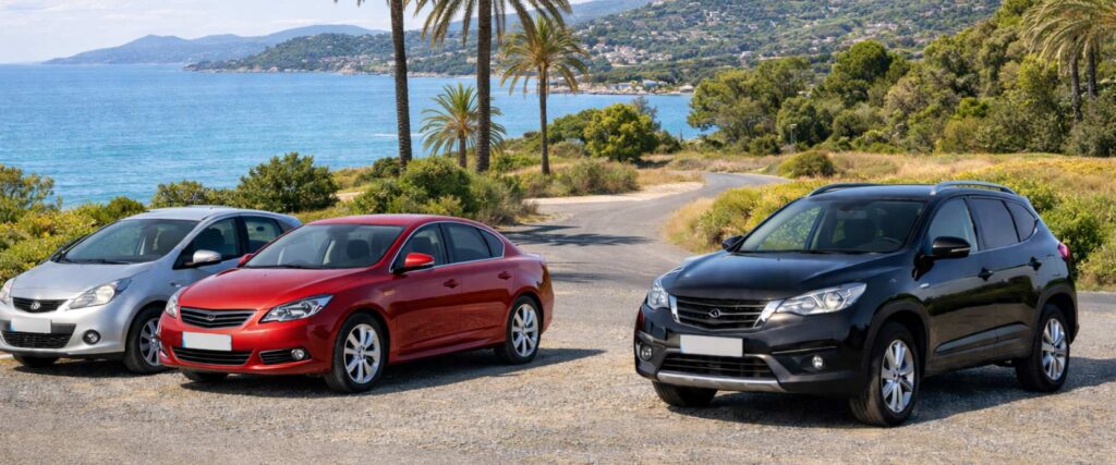 Voitures d’occasion colorées stationnées en Provence-Alpes-Côte d’Azur, annonces auto locales par ville et région